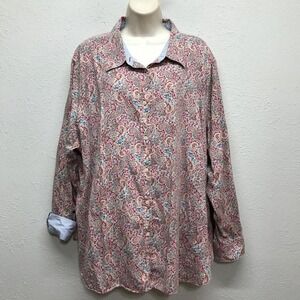 Chaps Button Down Shirt Women 3X Red Paisley No Iron Cotton Long Sleeve
